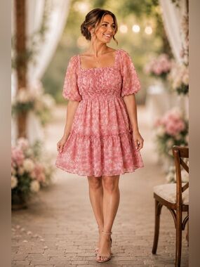 Justify Rose Pink Smocked Dress with Subtle White Tint floral print xl